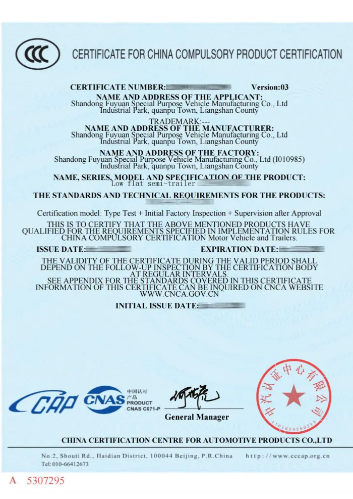 Fuyuan semi trailer CCC Certificate