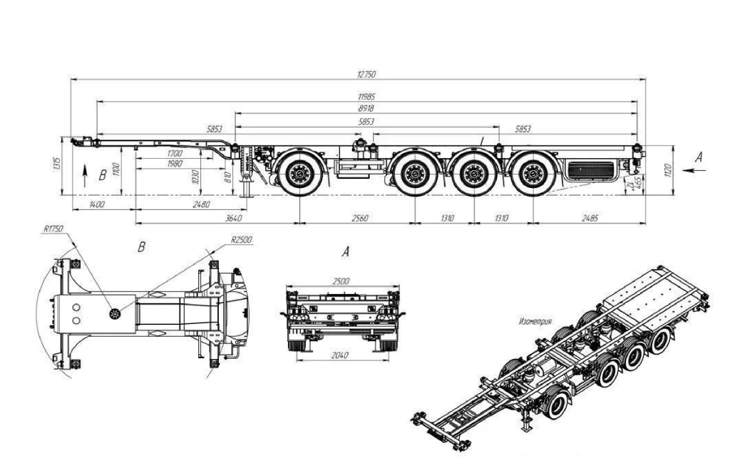 3 оси скелет полуприцеп чертеж